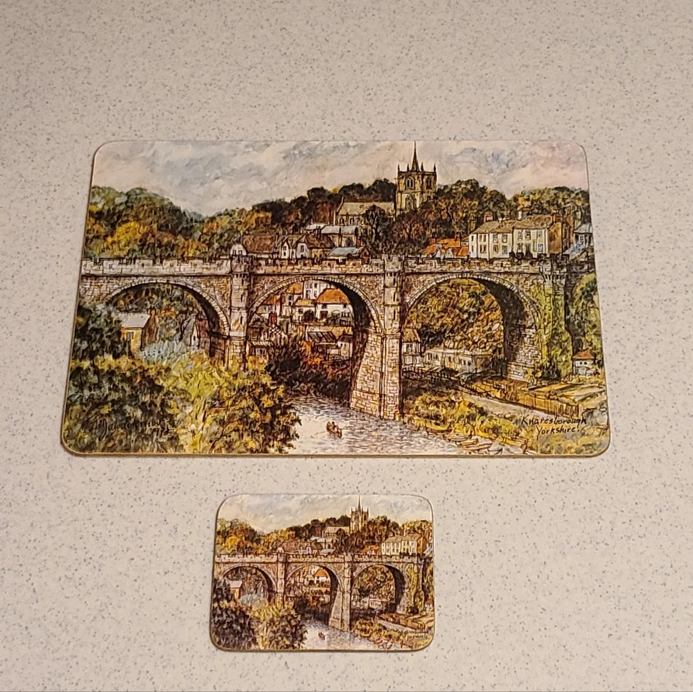 Scenic Bridge Design Dinning Place Setting With Matching Coaster Set